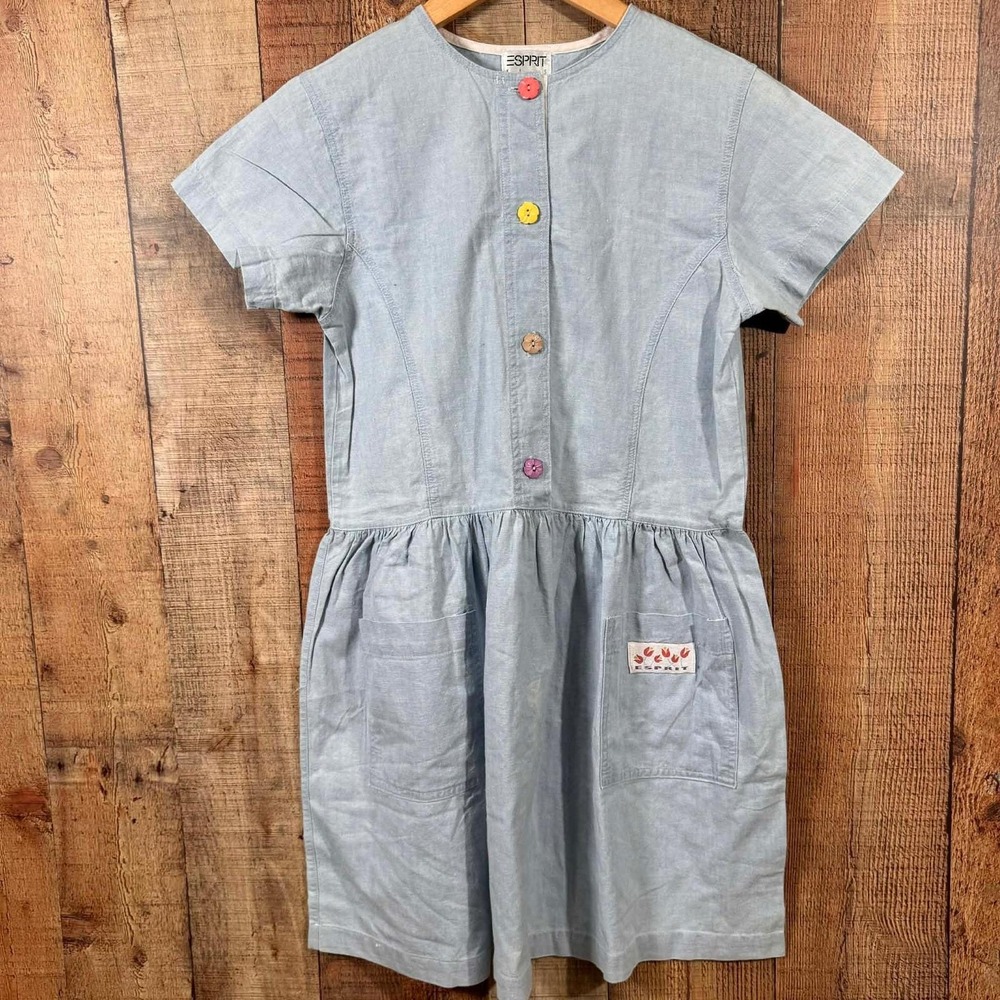 Vintage 90s Esprit Kids Blue Cotton Dress Multi Color Flower Buttons Girls Large